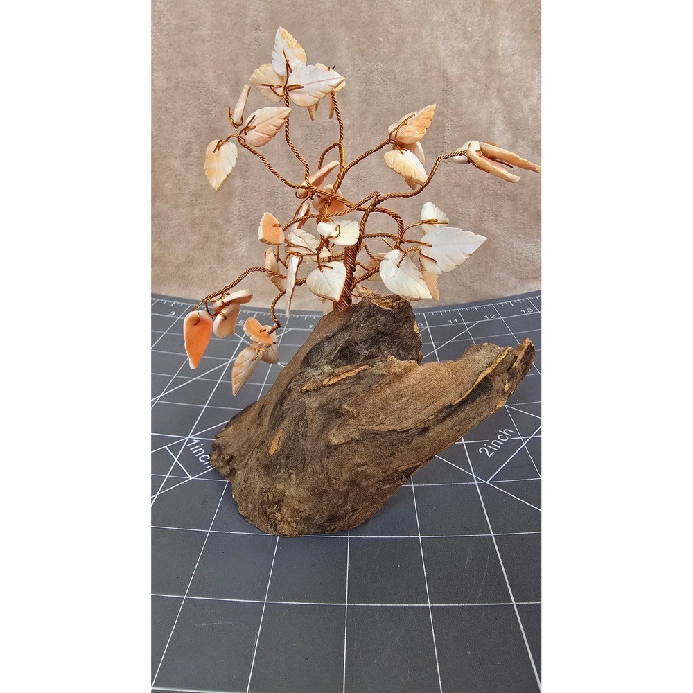 Vintage Hand Carved Shell Wire Tree Sculpture on Natural Wood Base Peach Creamy